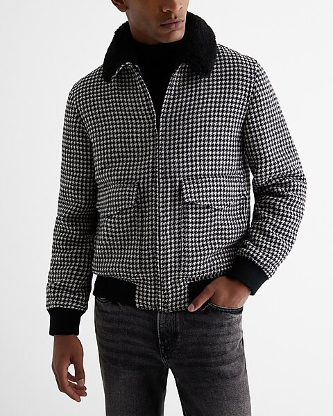 Sherpa Collar Houndstooth Wool-Blend Bomber Jacket | Express
