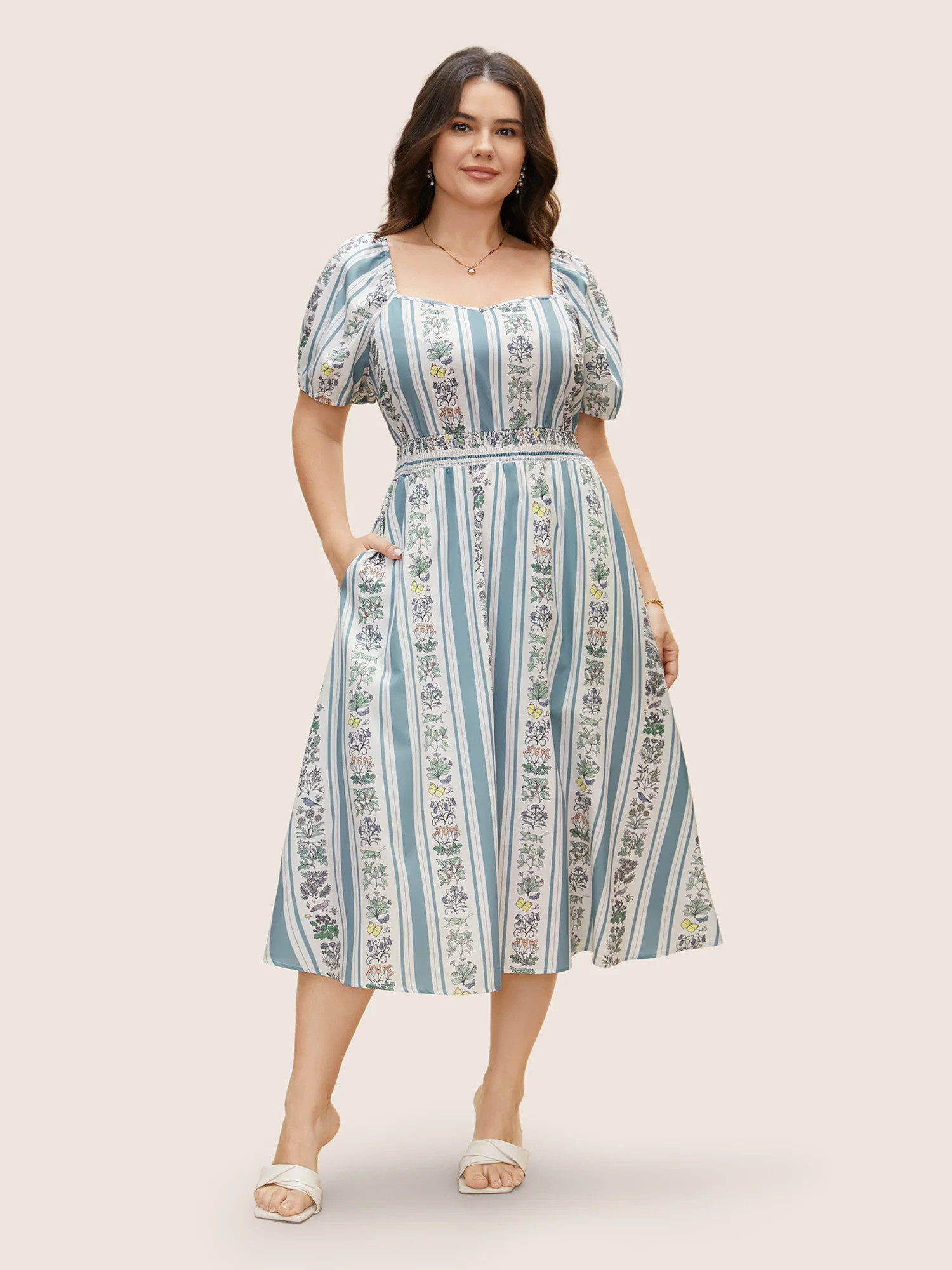 Floral Patchwork Striped Shirred Puff Sleeve Dress | Bloomchic