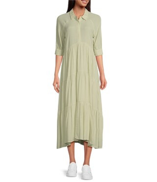 Pinstripe Print Button Point Collar 3/4 Blouson Cuff Sleeve Tiered Waistless Midi Shirt Dress | Dillard's