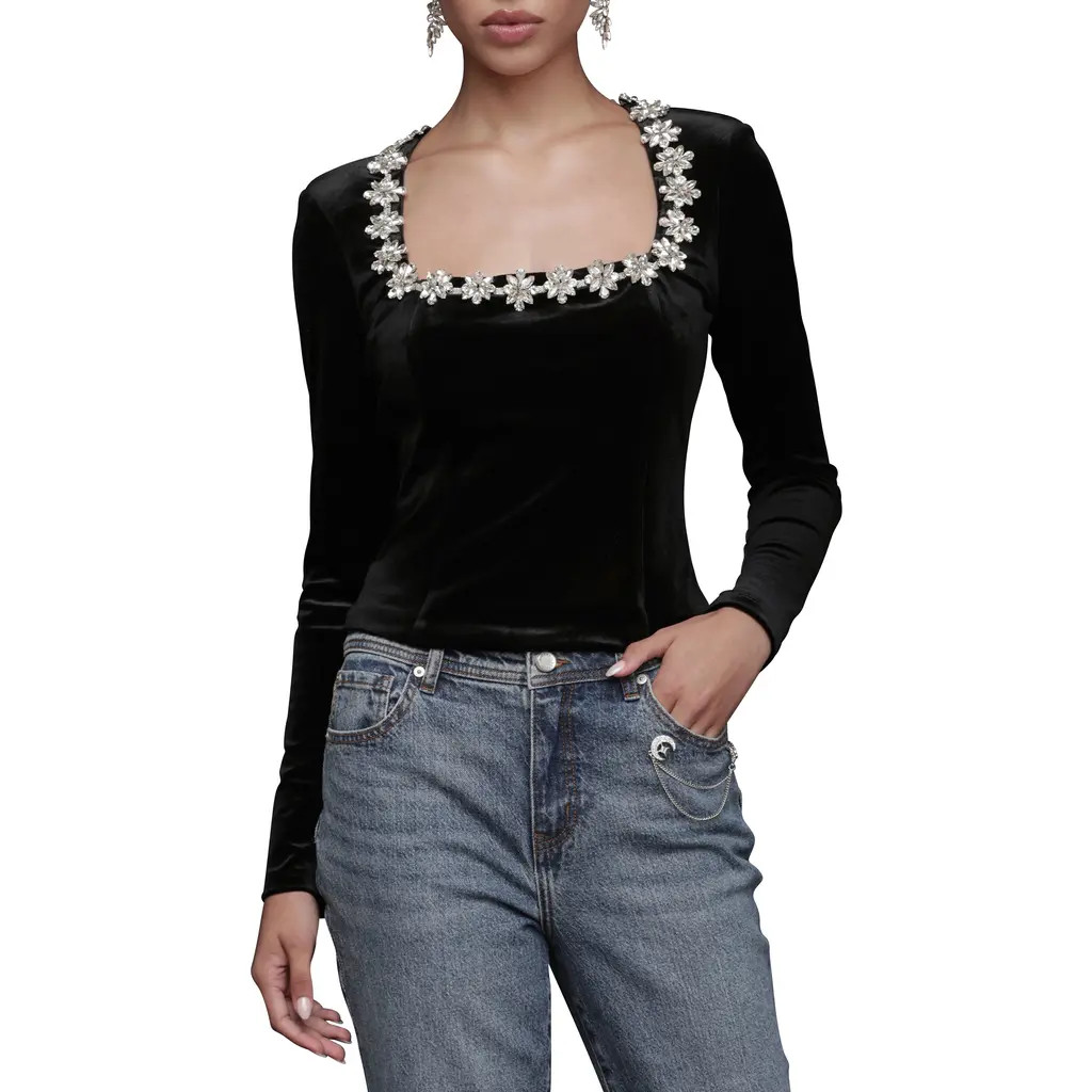Avec Les Filles Jewel Embellished Velour Top in Black at Nordstrom Rack, Size X-Small | Nordstrom Rack