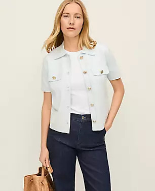 Collared Short Sleeve Cardigan | Ann Taylor