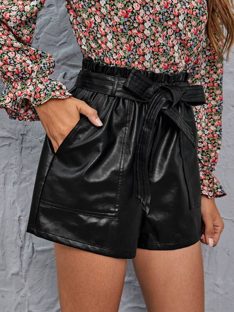 SHEIN Paperbag Waist Belted PU Shorts | SHEIN