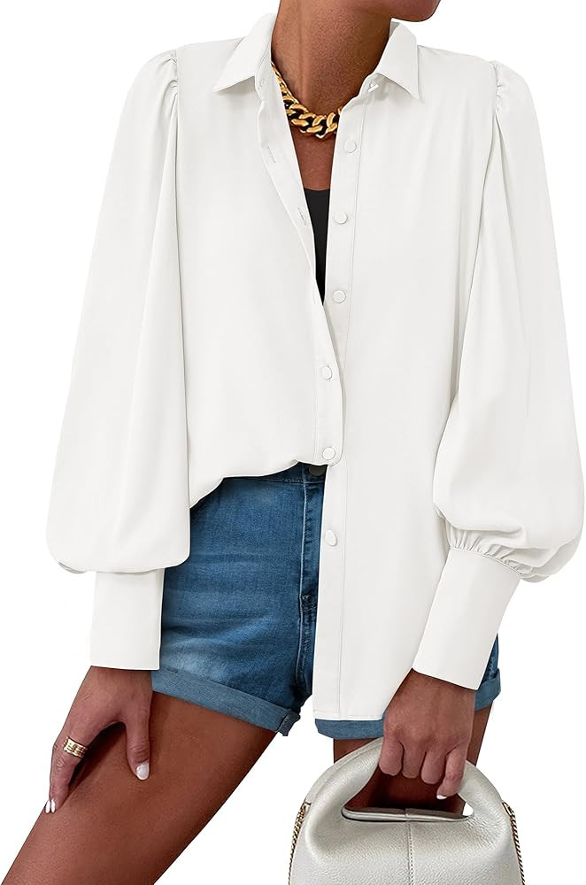 BTFBM Women Fashion Button Down Shirts Lapel V Neck Printed Solid Boho Long Sleeve Blouses Dressy... | Amazon (US)