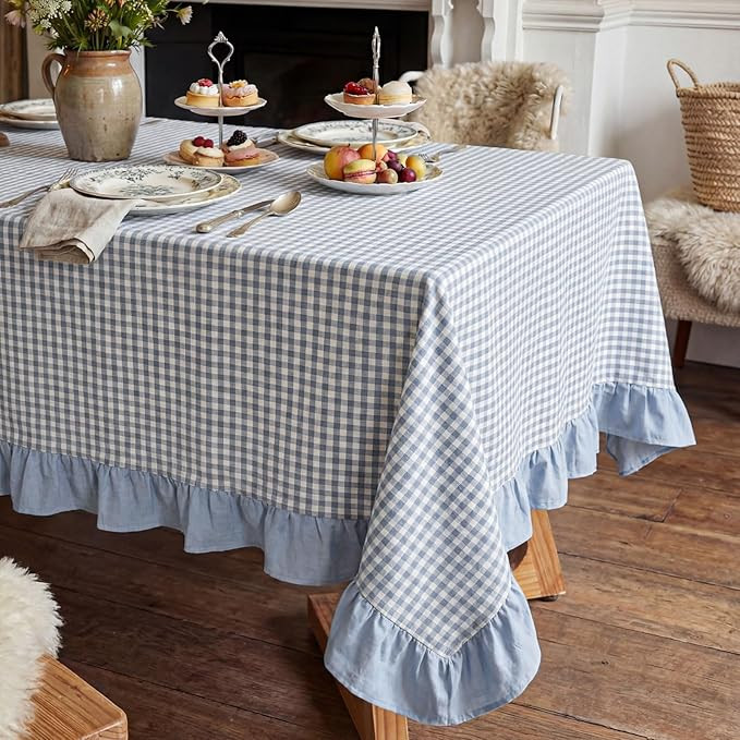 HunnmingRe Blue Gingham Plaid Ruffled Tablecloth 84 x 60 Inches 100% Cotton Checkered Rectangle T... | Amazon (US)