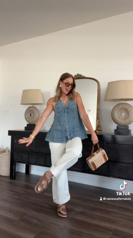 6/4/24 Casual summer outfit 🫶🏼 Summer outfit inspo, summer fashion trends, summer trends, summer outfits, white jeans, free people style, free people outfits, denim top, denim halter top, Birkenstock sandals, chunky jewelry, fashion accessories, fashion trends, trendy summer outfits 