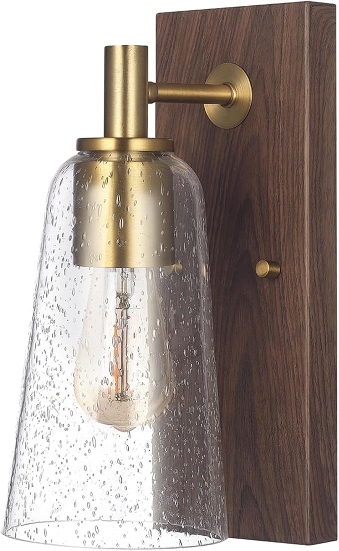 GLOBE Electric 65000051 1-Light Wall Sconce, Dark Wood Toned, Matte Brass Accents, Seeded Glass S... | Amazon (US)