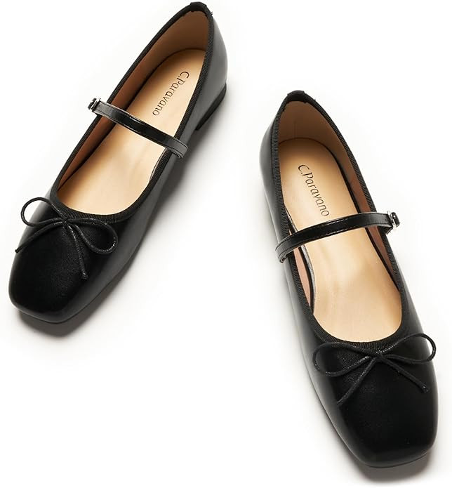 C.Paravano Mary Jane Shoes Ballet Flats for Women Square Toe Flats with Strap Bowknot Office Comf... | Amazon (US)