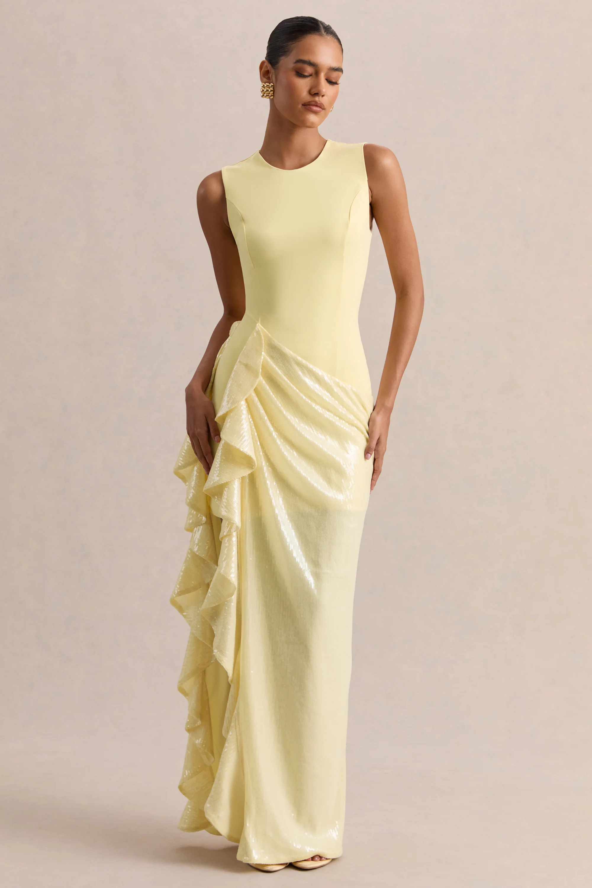 Ada | Lemon Crew-Neck Maxi Dress With Sheer Skirt And Ruffled Detailing | Club L London