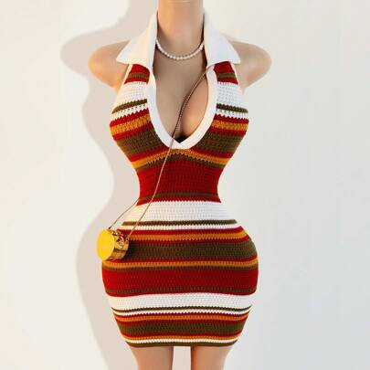 Colorful Striped Knitted Mini Dress: Sexy Halter Backless Summer Dress For Women Women Dresses Vacation | SHEIN