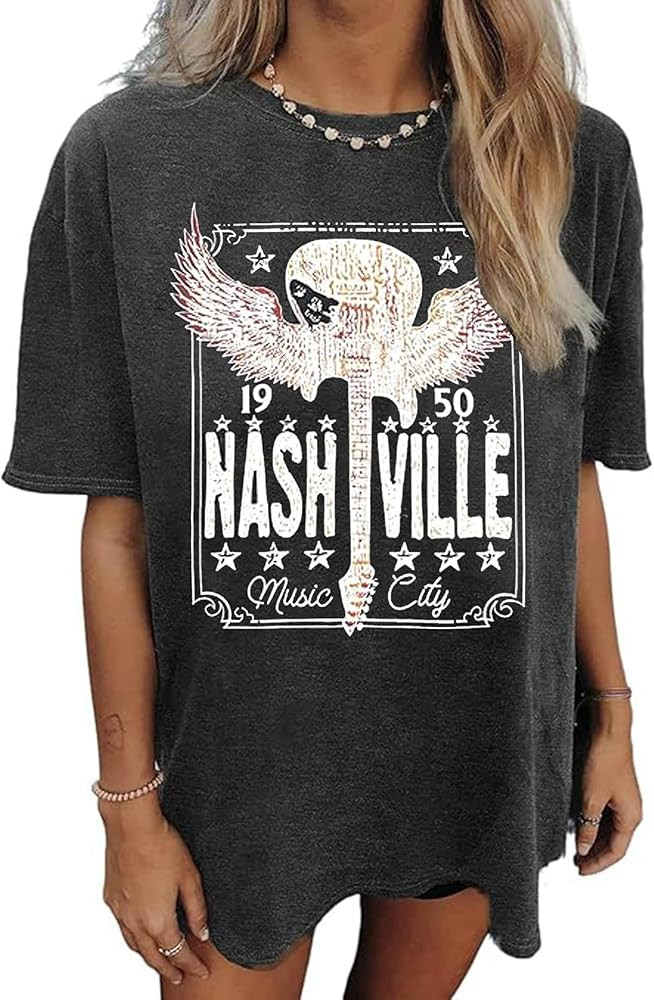 Nashville Music City T-Shirt Women Country Music Oversized Shirts Rock Band Tshirt Vintage Guitar... | Amazon (US)