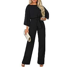 Women Casual Loose Short Sleeve Belted Wide Leg Pant Romper Jumpsuits | Amazon (US)