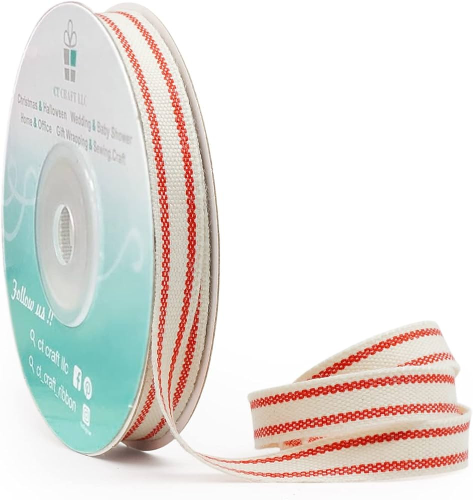 CT CRAFT LLC Ivory Cotton Red Stripes Ribbon 3/8" x 10 Yards for Home Décor Gift Present Wrappin... | Amazon (US)