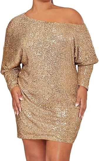 RED DOT BOUTIQUE 863 - Asymmetrical Neck Off Shoulder Batwing Sleeves Sequin Party Plus Size Dres... | Amazon (US)
