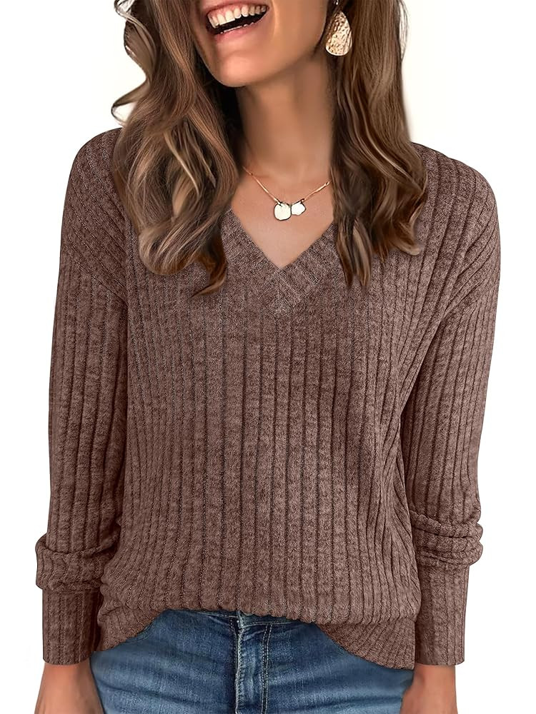 ANRABESS Long Sleeve Shirts for Women V Neck Casual Fall Tops Loose Fit Lightweight Sweaters Tuni... | Amazon (US)