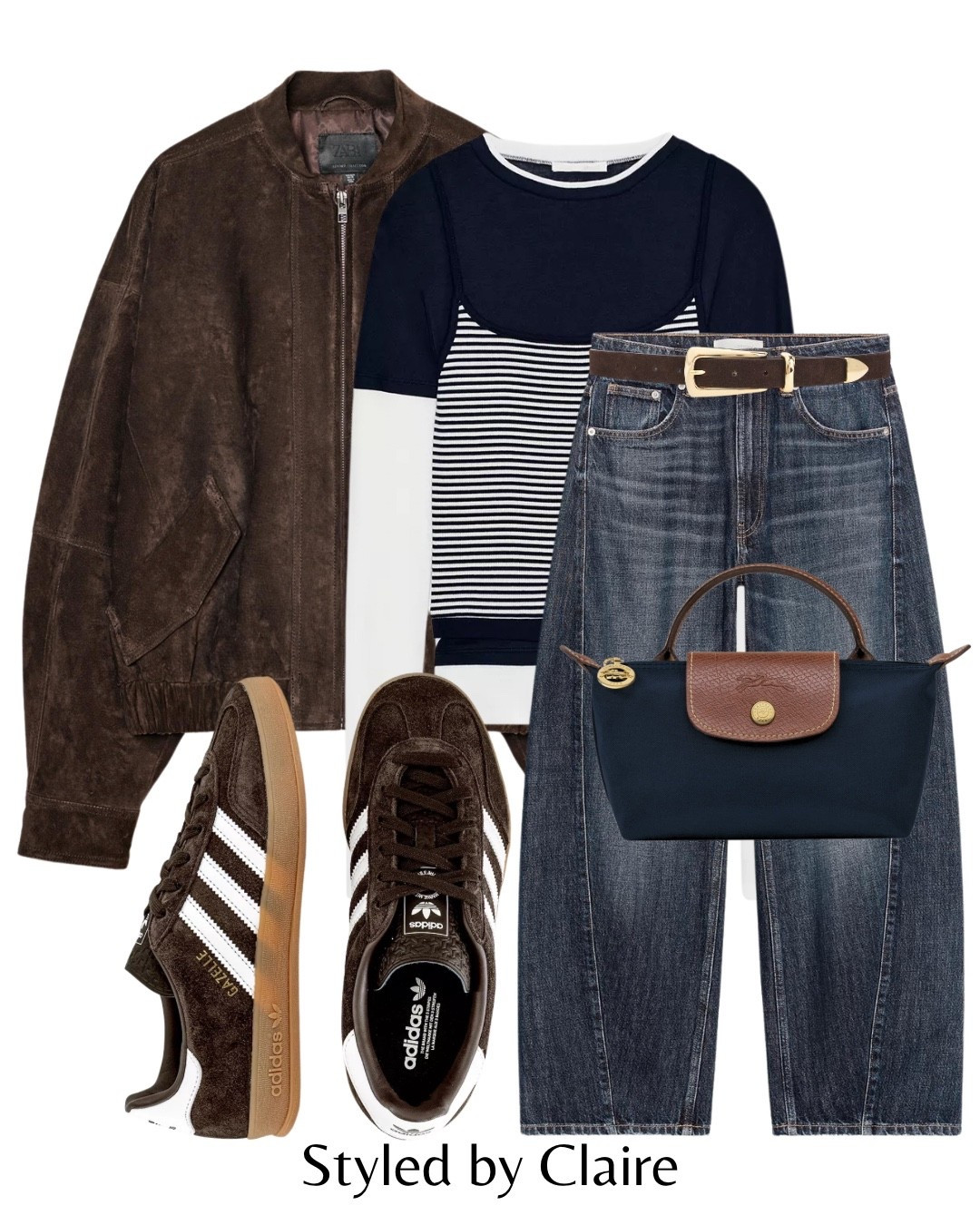 TRIPLE LAYER TOPS🤎
Tags: Zara oversized suede bomber jacket navy top stripe barrel balloon jeans dark wash belt adidas gazelle chocolate brown longchamp tote bag fashion winter inspo outfit ideas city break capsule wardrobe elevated basics chic style

#LTKshoes #LTKstyletip #LTKwinter
