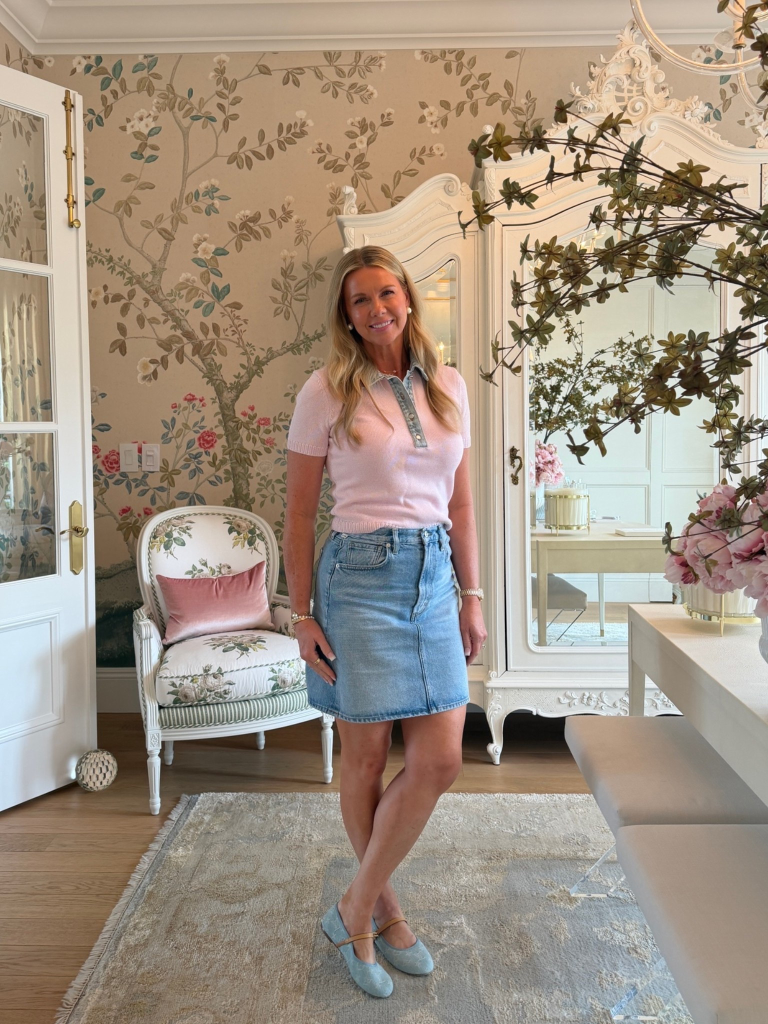 Denim color pink sweater top of my dreams! So cute with a denim skirt and denim Mary janes!

#LTKootd #LTKOver40