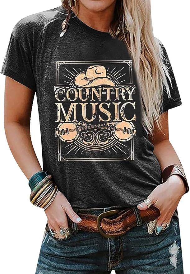 Country Music Tshirt Women Vintage Graphic Tees Funny Western Cowboy Shirt Casual Short Sleeve To... | Amazon (US)