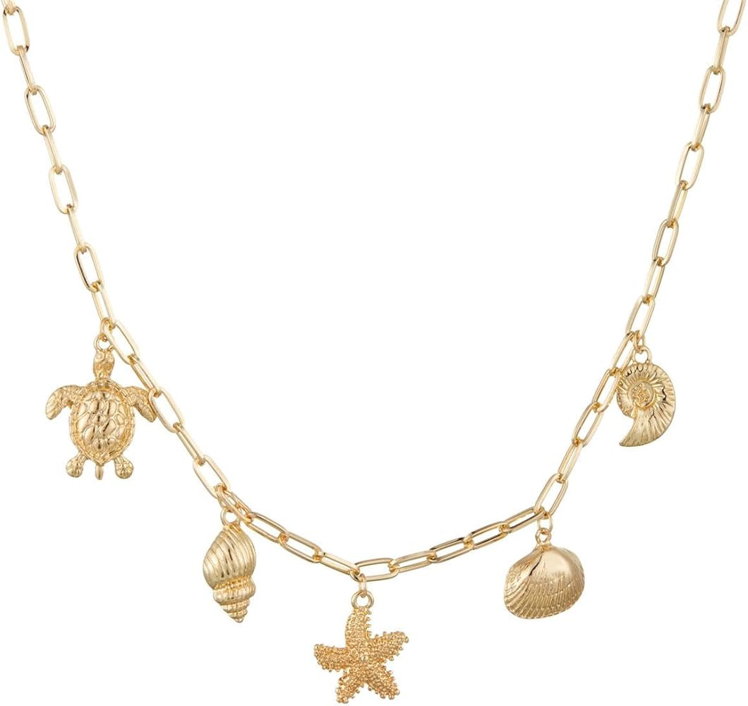 Dainty Charm Necklace Gold Bow Starfish Conch Shell Starwberry Charm Choker Necklace Chunky Paper... | Amazon (US)