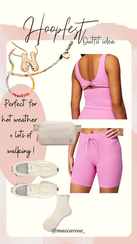 Athletic wear. 
Fabletics. 
New balance 327 sneakers
Bike shorts. 
Necklace stack. 
Initial necklace. 
Summer style. 
Hoopfest outfit idea. 
Lululemon belt bag. 
Pink lover. 
Fitness fashion. 
athleisure 

#LTKFitness #LTKTravel #LTKSeasonal