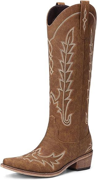 Cowboy Boots for Women - Knee High Embroidered Western Cowgirl Boots, Pointed Toe Chunky Heel Ret... | Amazon (US)
