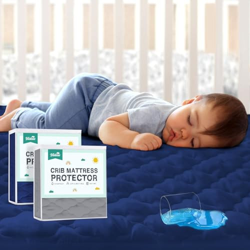 2 Pack Crib Mattress Protector Sheets Fitted Waterproof Crib Mattress Pad Cover, Noiseless & Machine Wash 100% Absorbent Crib/Toddler Mattress Protector Sheet Quilted, Gray&Navy, 52" x 28" | Amazon (US)