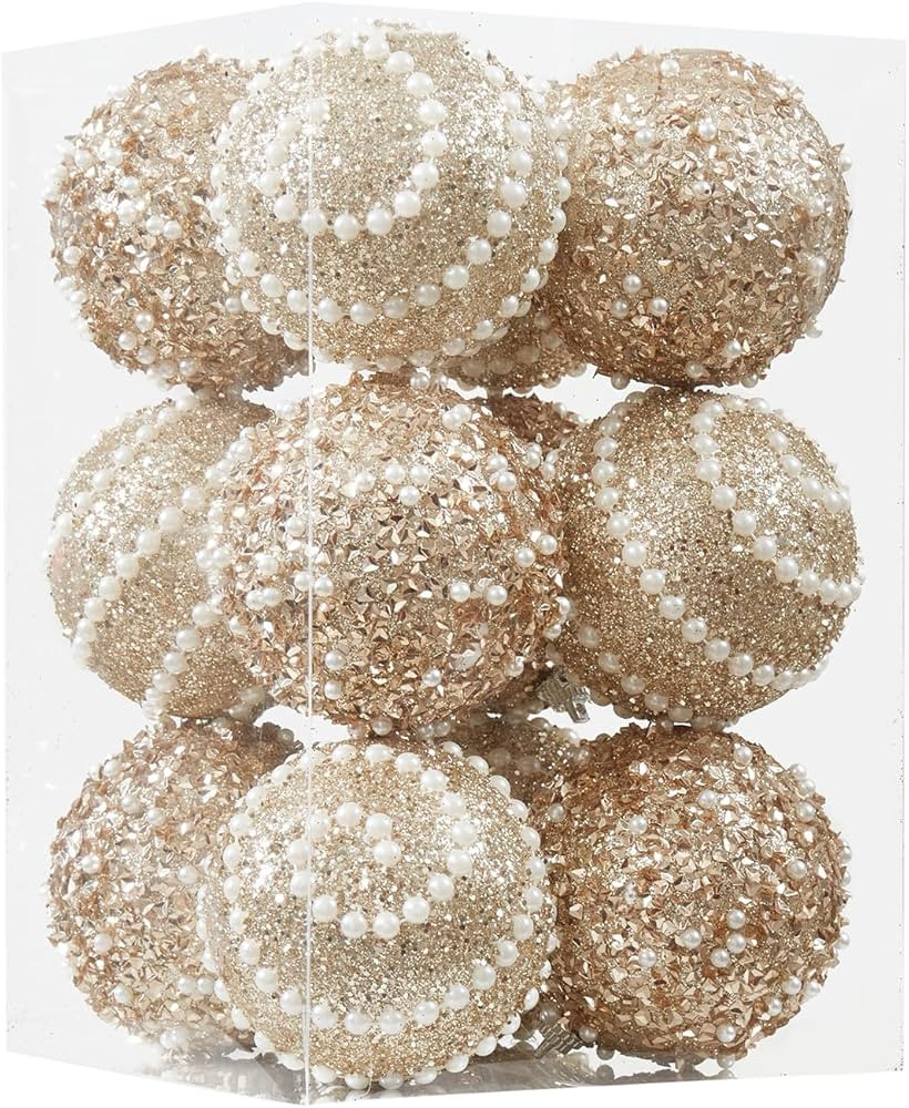 Champagne Gold Christmas Ball Ornaments,12ct Christmas Tree Shatterproof Plastic Hanging Sequin X... | Amazon (US)