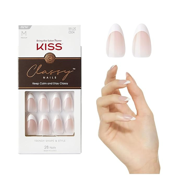 KISS Classy, Press On Nails, Nail glue included, 'Dashing', Light White, Medium Size, Almond Shap... | Amazon (US)