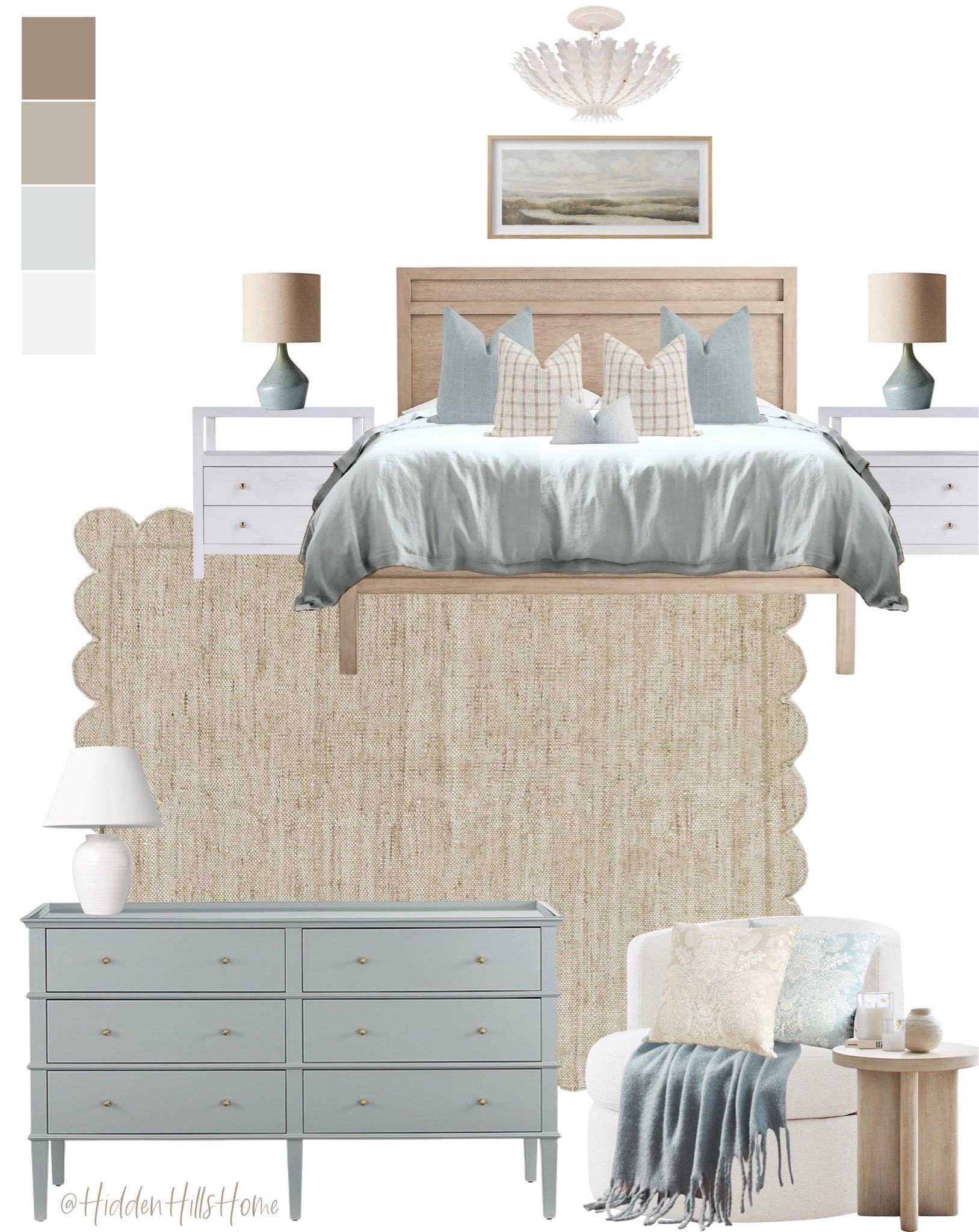 Coastal bedroom decor, master bedroom mood board, home decor ideas, bedroom rug, nightstands, beach house bedroom, bedding #bedroom
