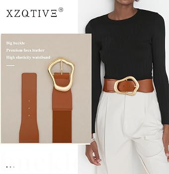 XZQTIVE Women Wide Elastic Waist Belt for Dresses Fashion Big Gold Buckle Stretchy Leather Waistb... | Amazon (US)