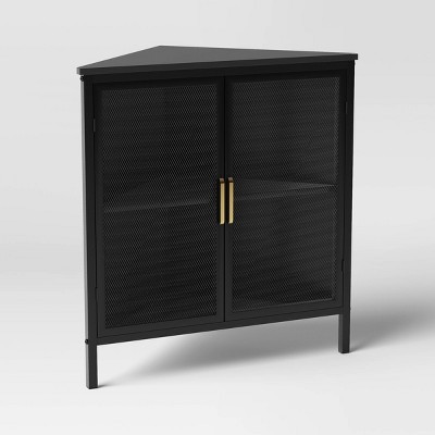 Mesh Corner Cabinet Black - Threshold™: Sleek Metal Storage with Golden Handles, V-Shaped Design | Target