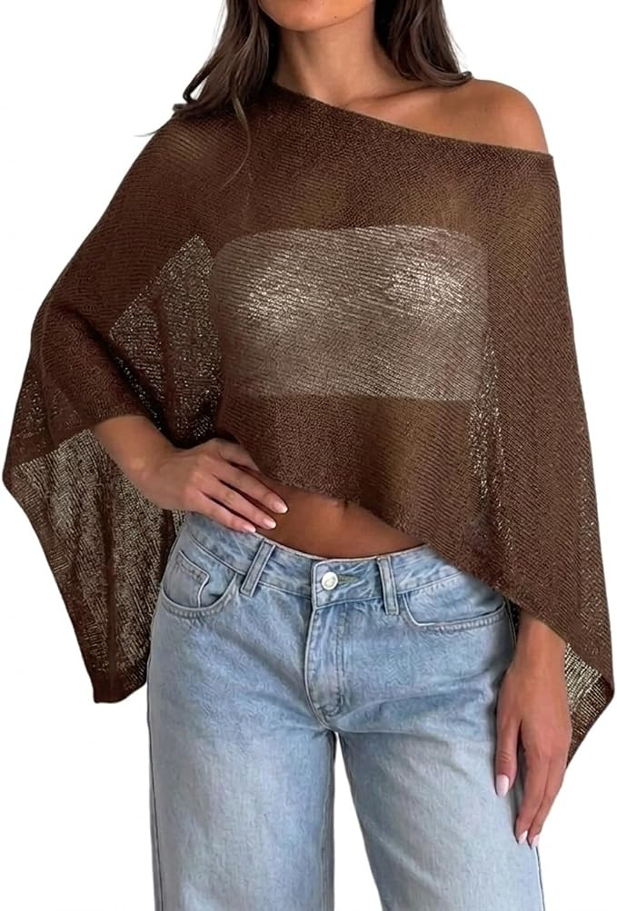 Womens Sheer Poncho Top Y2k Knitted Summer Asymmetrical Mesh Shawl Pullover Sweater Cover Up Tops | Amazon (US)