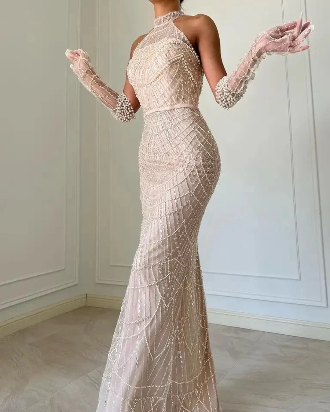 Pearl, Sequin and Bead Embellished Halter Neck Maxi Gown With Matching Gloves - Etsy | Etsy (US)