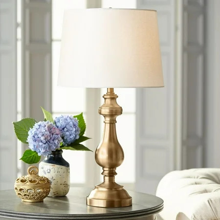 Regency Hill Traditional Table Lamp 26" High Antique Brass Candlestick White Fabric Drum Shade for Living Room Family Bedroom Bedside | Walmart (US)