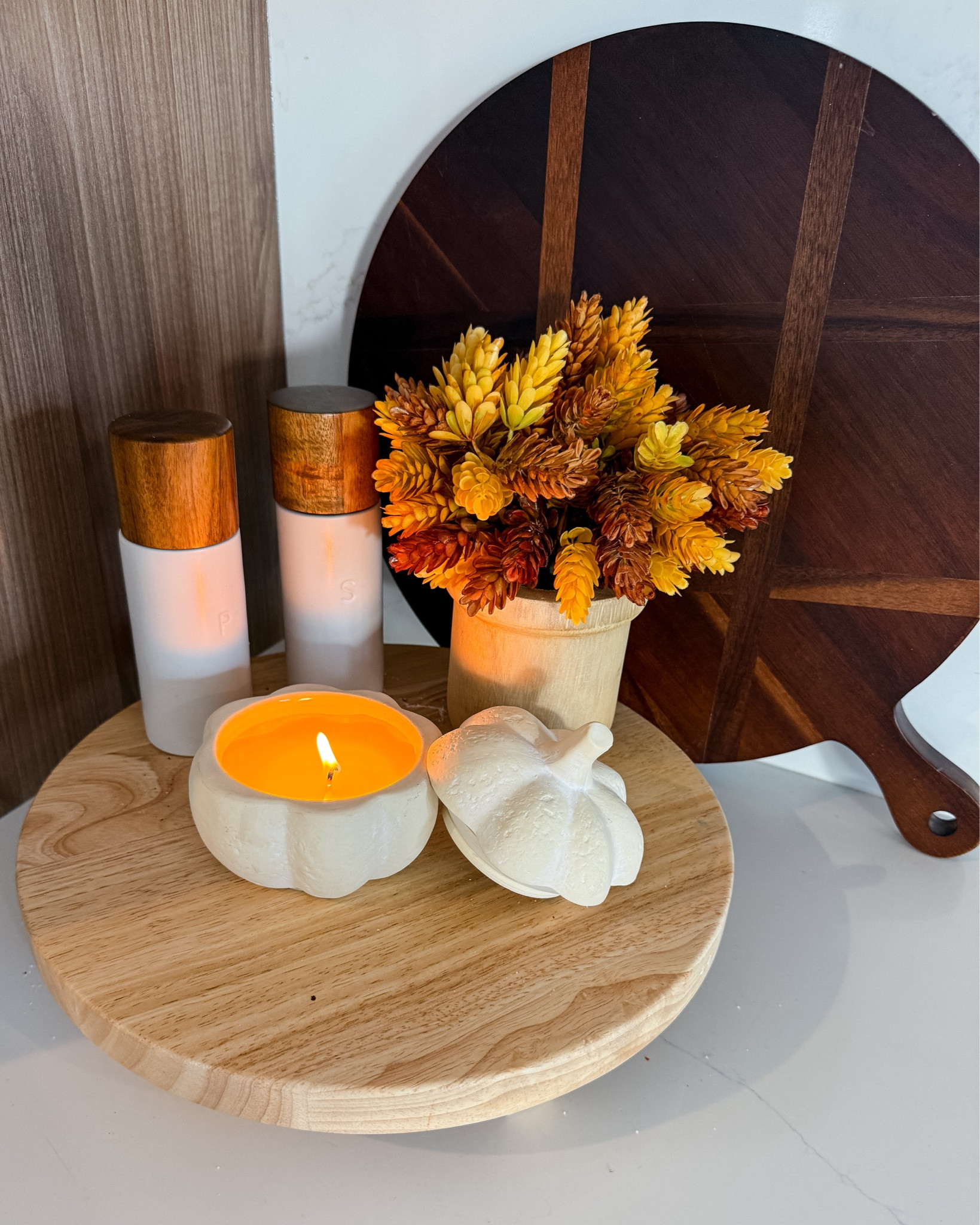 Little fall touches for the kitchen 🍂 Love the warm florals, pumpkin candle + layered wood accents. #FallDecor #KitchenDecor

#LTKdayinmylife #LTKSeasonal #LTKHome