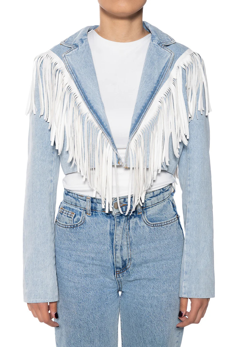 HALINA-DENIM WHITE FRINGE JACKET | Azalea Wang