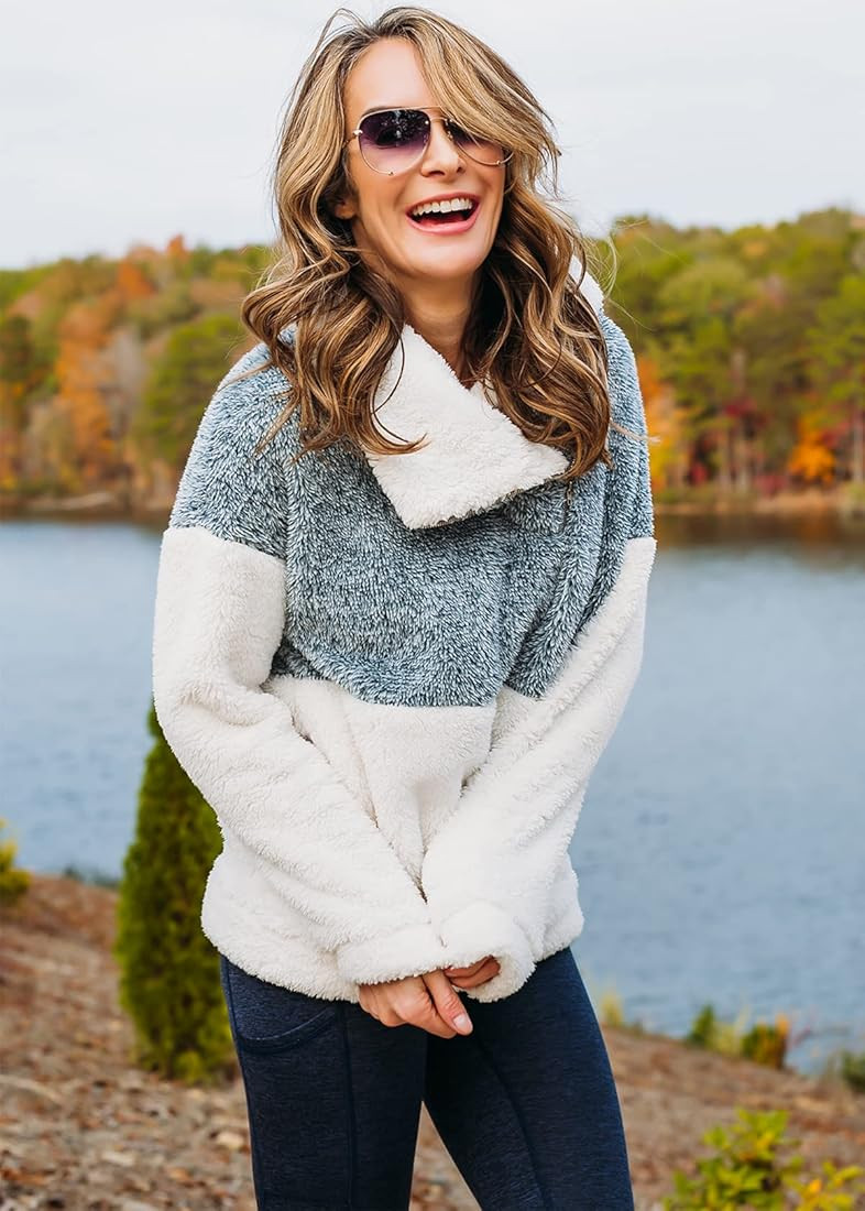 KIRUNDO 2022 Fall Winter Women's Lapel Fuzzy Fleece Sweatshirt Faux Shearling Zip Warm Sherpa Pullov | Amazon (US)