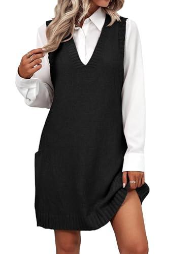 Zeagoo Women Black Sweater Vest Dress V Neck Sleeveless Sweater Dress Knit Pullovers with Pockets Fall Knitwear, Black XL | Amazon (US)
