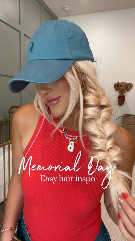 Memorial Day & 4th of July outfit inspo❤️💙 Love this baseball hat and my necklace is 20% off for Memorial weekend! #baseballcap #memorialoutfit #4thofjulyoutfit red tank top blue hat, bubble initial necklace✨

#LTKfindsunder100 #LTKsalealert #LTKfindsunder50