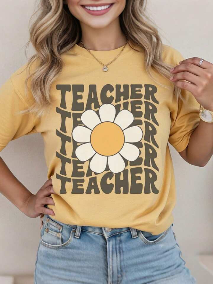 INAWLY Retro Daisy Teacher Graphic Round Neck Short Sleeve T-Shirt, Casual | SHEIN