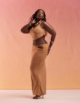 ASOS DESIGN Curve slinky cut out hip maxi skirt in sand - part of a set | ASOS (Global)