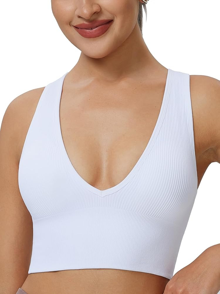 Longline Deep V Neck Sports Bra for Women Ribbed Crop Tank Top Full Back Removable Pads Wirefree ... | Amazon (US)