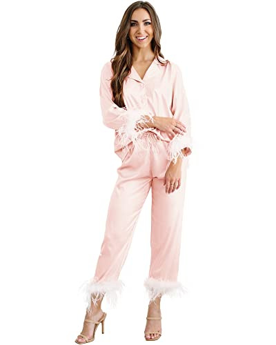 Belle's Design Women's Feather Trim Silk Satin Pajama Button Down Long Sleeve and Pants Set Sleepwear Loungewear S To XXL | Amazon (US)