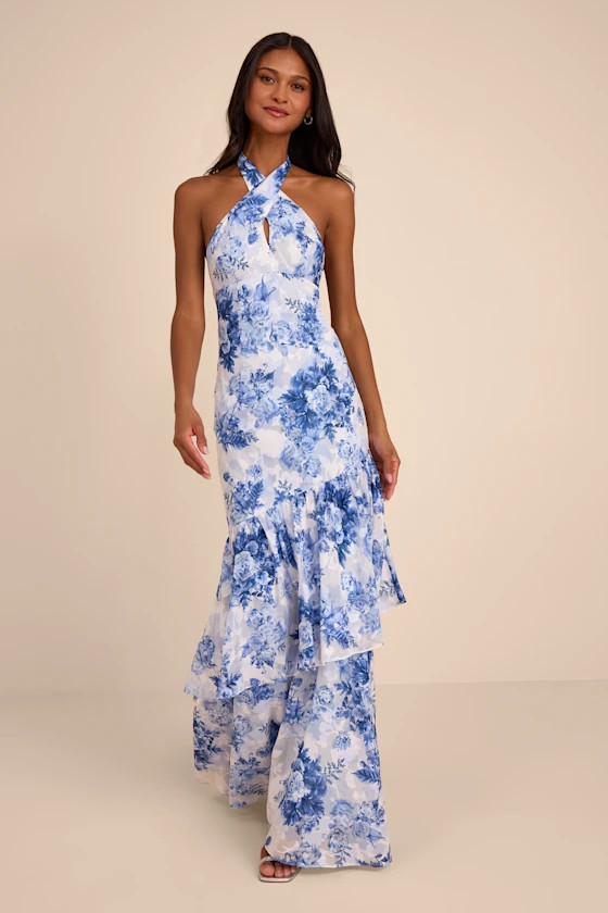 Eloria White and Blue Floral Halter Maxi Dress | Lulus