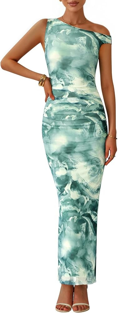 PRETTYGARDEN Women's 2025 Summer Floral One Shoulder Maxi Dress Wedding Guest Ruched Mesh Bodycon... | Amazon (US)