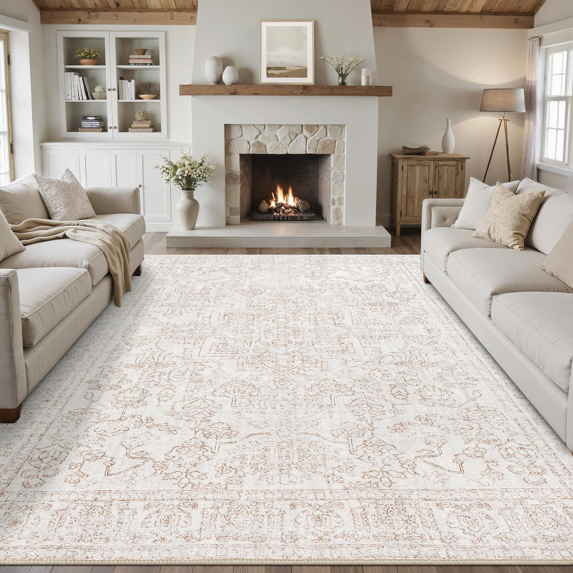 8x10 Area Rugs for Living Room Vintage Washable Rugs Brown Boho Floral Medallion Print Low Pile N... | Amazon (US)