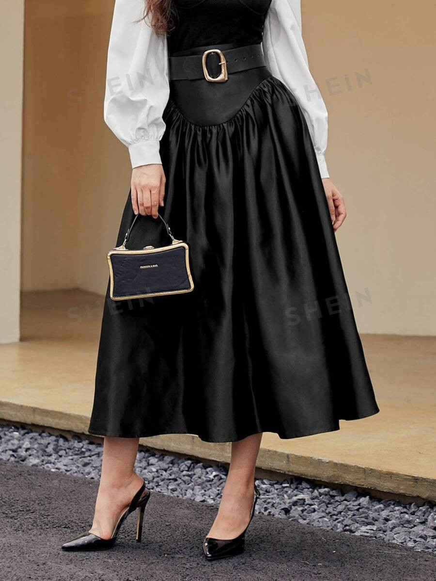 SHEIN Modely High Waist Satin Skirt Without Belt | SHEIN