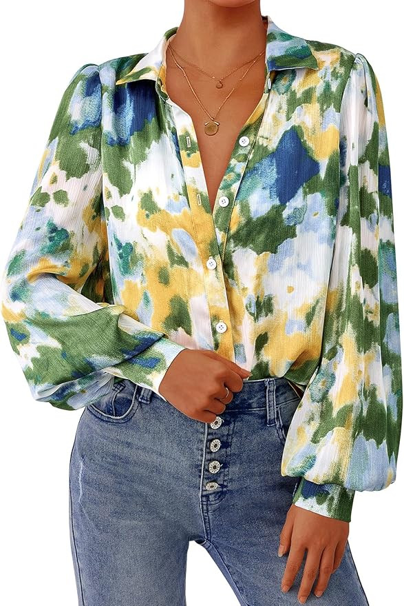 PRETTYGARDEN Women's Floral Blouses Dressy Casual V Neck Button Down Shirts Lantern Long Sleeve B... | Amazon (US)