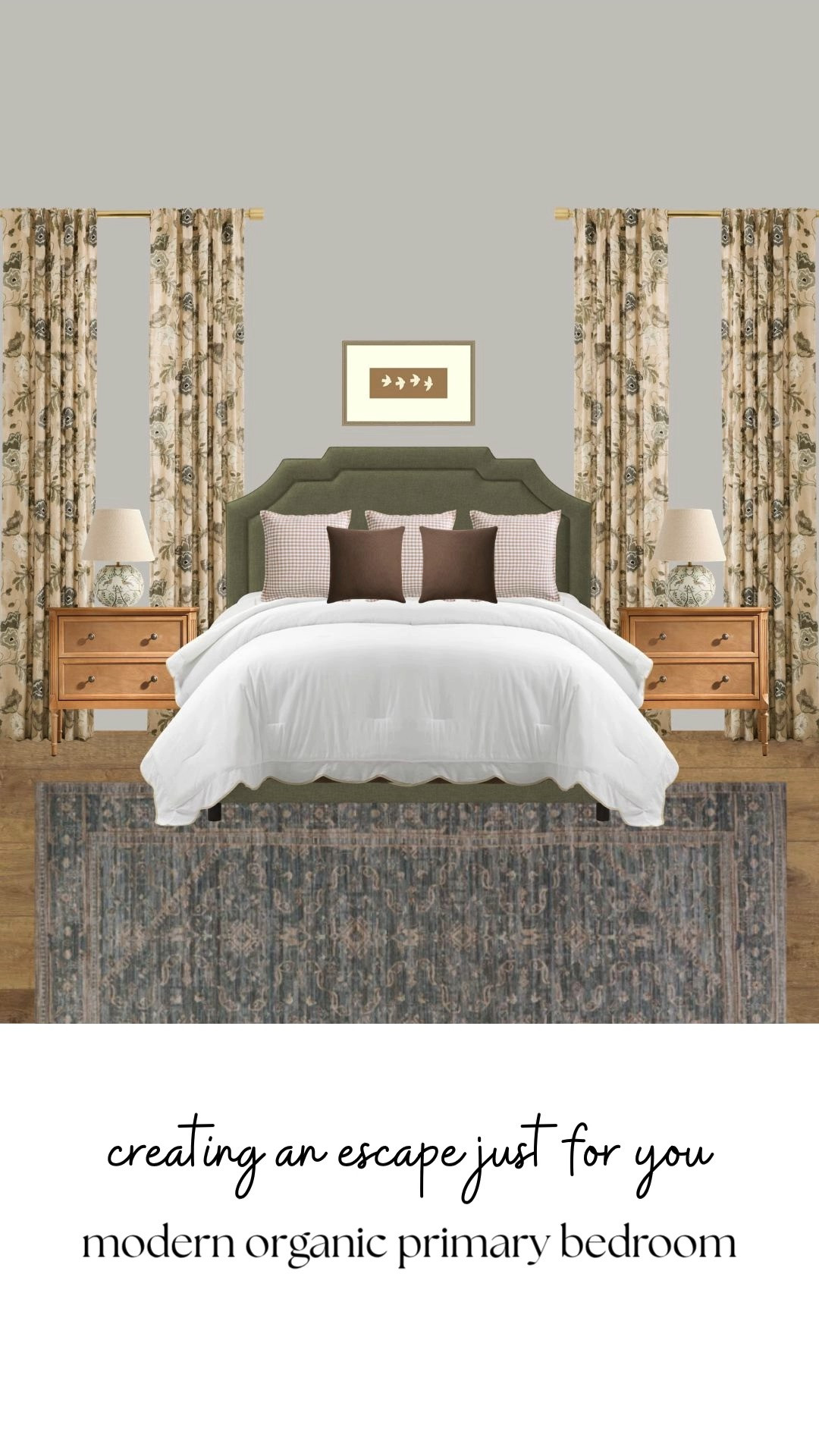Soft pattern mixing, warm wood tones, and layered vintage-inspired textures make this bedroom feel collected in the best way. The olive upholstered bed paired with floral drapery and muted earthy accents creates such a cozy traditional atmosphere that feels timeless without feeling heavy.

warm traditional bedroom, olive green bed, floral drapery inspiration, cozy layered bedroom, collected home style, vintage inspired rug, warm neutral decor, traditional cottage bedroom, cozy elegant interiors, layered textile decor, English cottage style, warm gathered home, timeless bedroom inspiration, moody cottage aesthetic, designer inspired bedroom, cozy neutral bedding, collected interiors, heritage inspired decor, warm wood nightstands, cozy home styling 

 #LTKHome