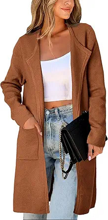 Women's Open Front Cardigan Sweater Long Sleeve Casual Knit Lapel Coatigan Coat | Amazon (US)
