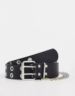 ASOS DESIGN wide waist and hip eyelet jeans belt with chain detail in black | ASOS (Global)